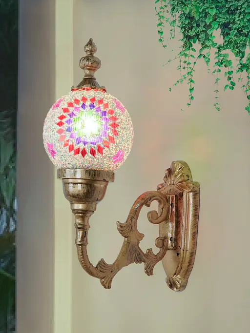 18-Inch Traditional Outdoor Wall Sconce | Star Pattern Multicolor Mosaic on Cast Aluminium