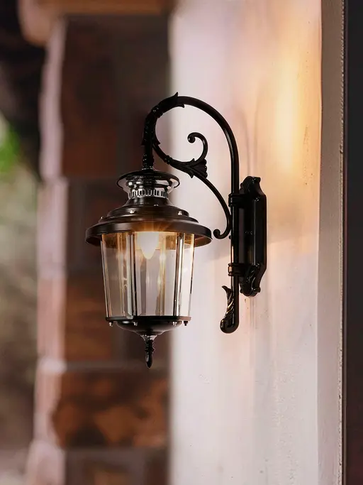 Black Victorian Outdoor Wall Sconce with Scrolling Arm and Beveled Glass