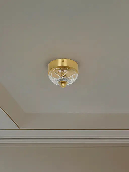 Mini Flushed 6W LED Ceiling Light | Brass Antique Finish with Cut Glass Bobeche