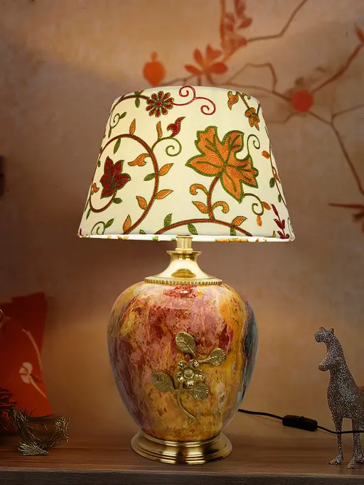 Majestic Magma Red Stone Pot Metal Table Lamp with Kashmiri Embroidered Shade