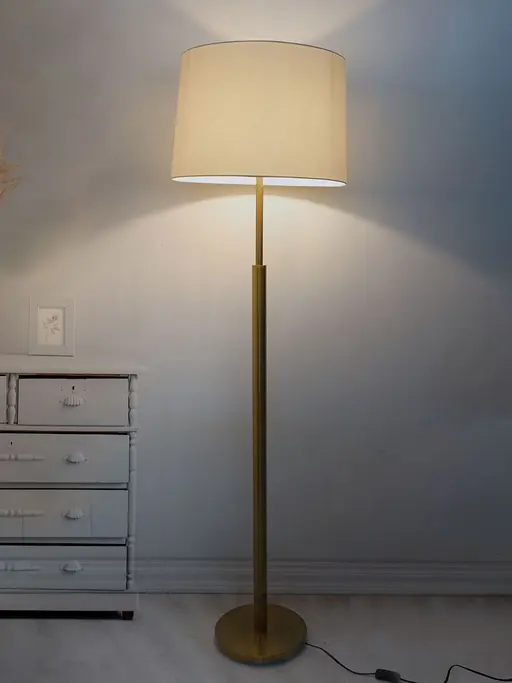 Classic Simple Steel Floor Lamp in Brushed Antique Brass Finish Off-white Drum Shade
