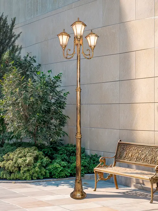 Victorian Antique Gold 7 foot 3 Light Outdoor Post Lamp