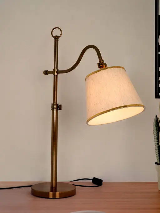 Gold Adjustable European 23 Inch Steel Downlight Study Lamp Table Light With White Textured Gold Rim Fabric Shade
