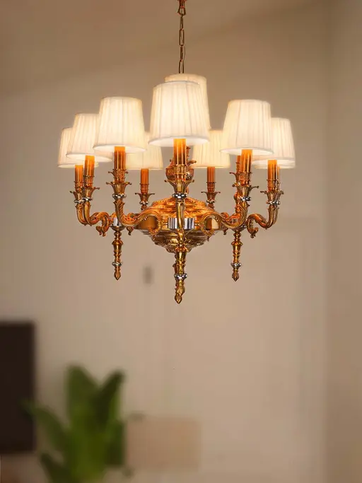Classic Gold 12 Lights Aluminium Chandelier with Pleated Creme Fabric Shades