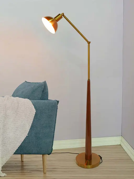 Contemporary 2 Point Adjustable wood & Metal Floor Lamp in Matt Brass Finish