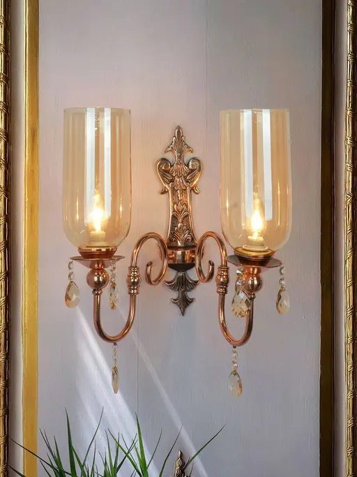European Copper-Finish Double Light Steel Wall Sconce With Translucent Glass Shades