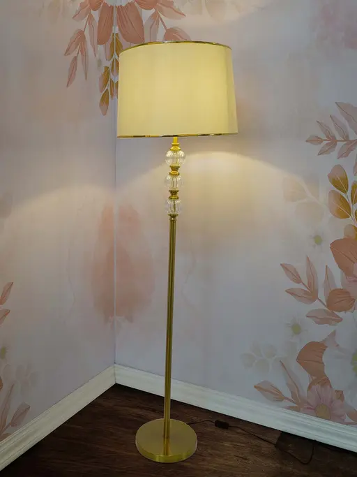 Transitional 3 Stacked Glass Balls Metal Floor Lamp in Satin Brass Finish and OffWhite Tapered Fabric Shade