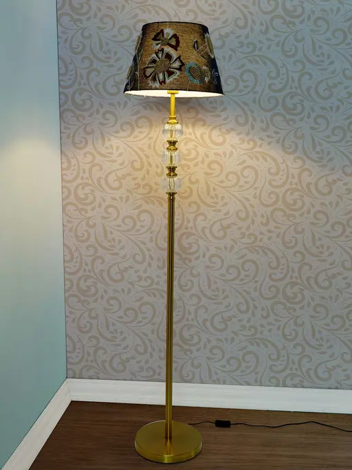 Transitional 3 stacked Glass Balls Metal Floor Lamp in Satin Brass Finish and Flowers Embroidered Blue Tapered Fabric Shade