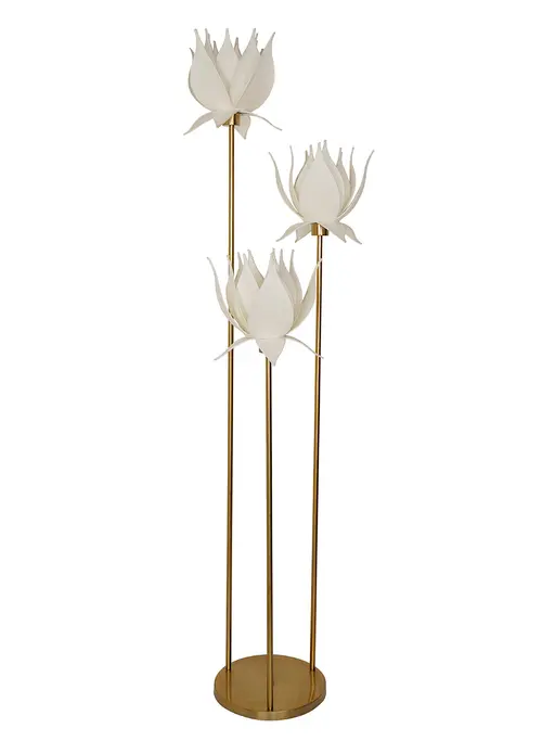 3-Light Botanical Lotus Floor Lamp in Antique Brass with Ivory Fabric Shades