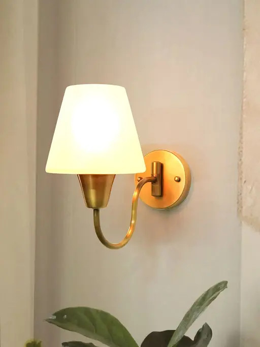 Gooseneck Brass Swivel Wall Sconce with Tapered Frosted Glass Shade
