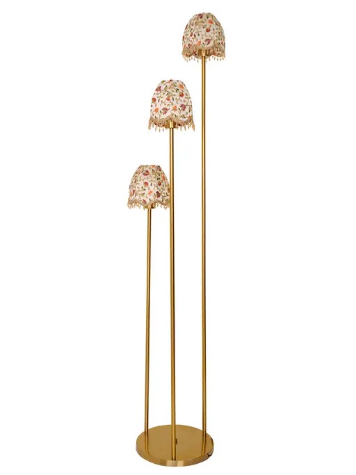 3-Light Staggered Floor Lamp in Antique Brass with Scalloped Embroidered Fabric Shades