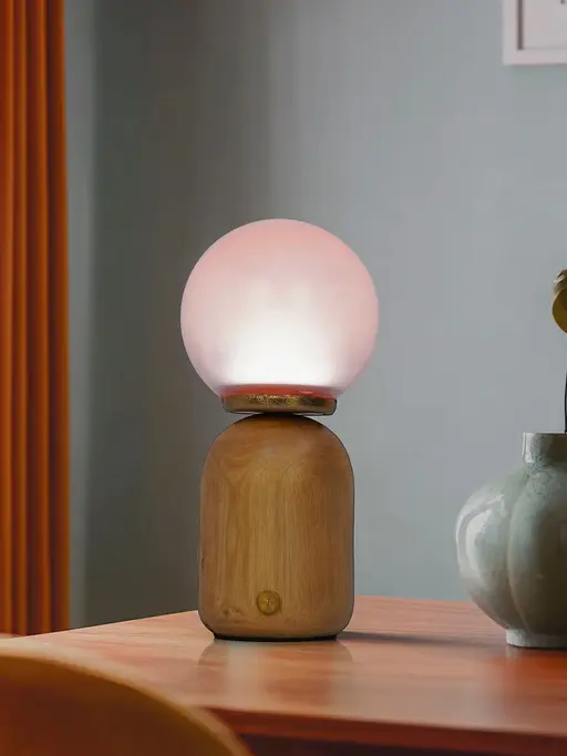 Contemporary Wood & Pink Glass Rechargeable Touch Table Lamp