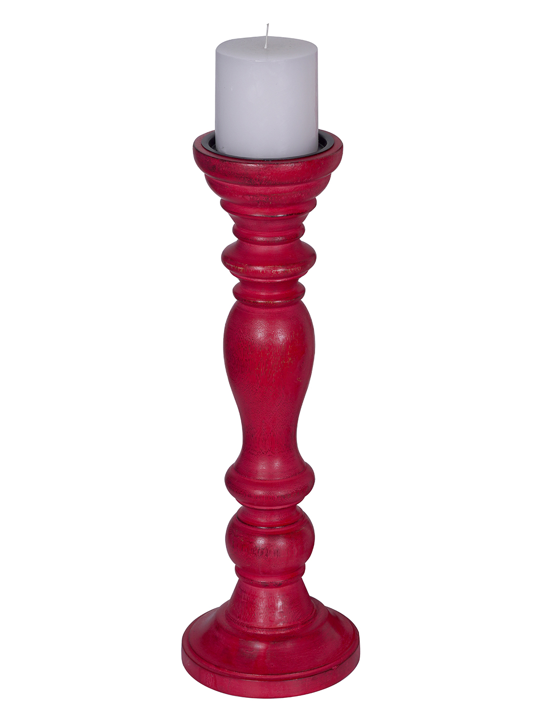 Red 15 Inches Distressed Wooden Pillar Candle Stand (without candle)