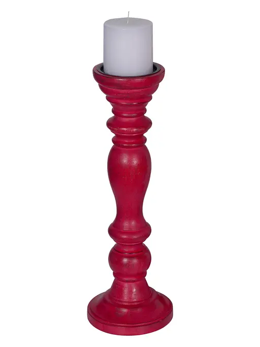 Red 15 Inches Distressed Wooden Pillar Candle Stand (without candle)
