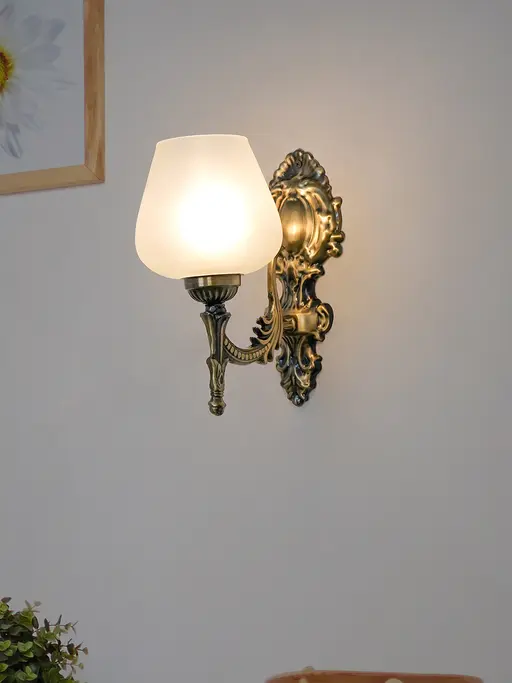 Antique Brass 11 Inch Single Light Steel Wall Lamp With Plain Frosted Goblet Glass Shade