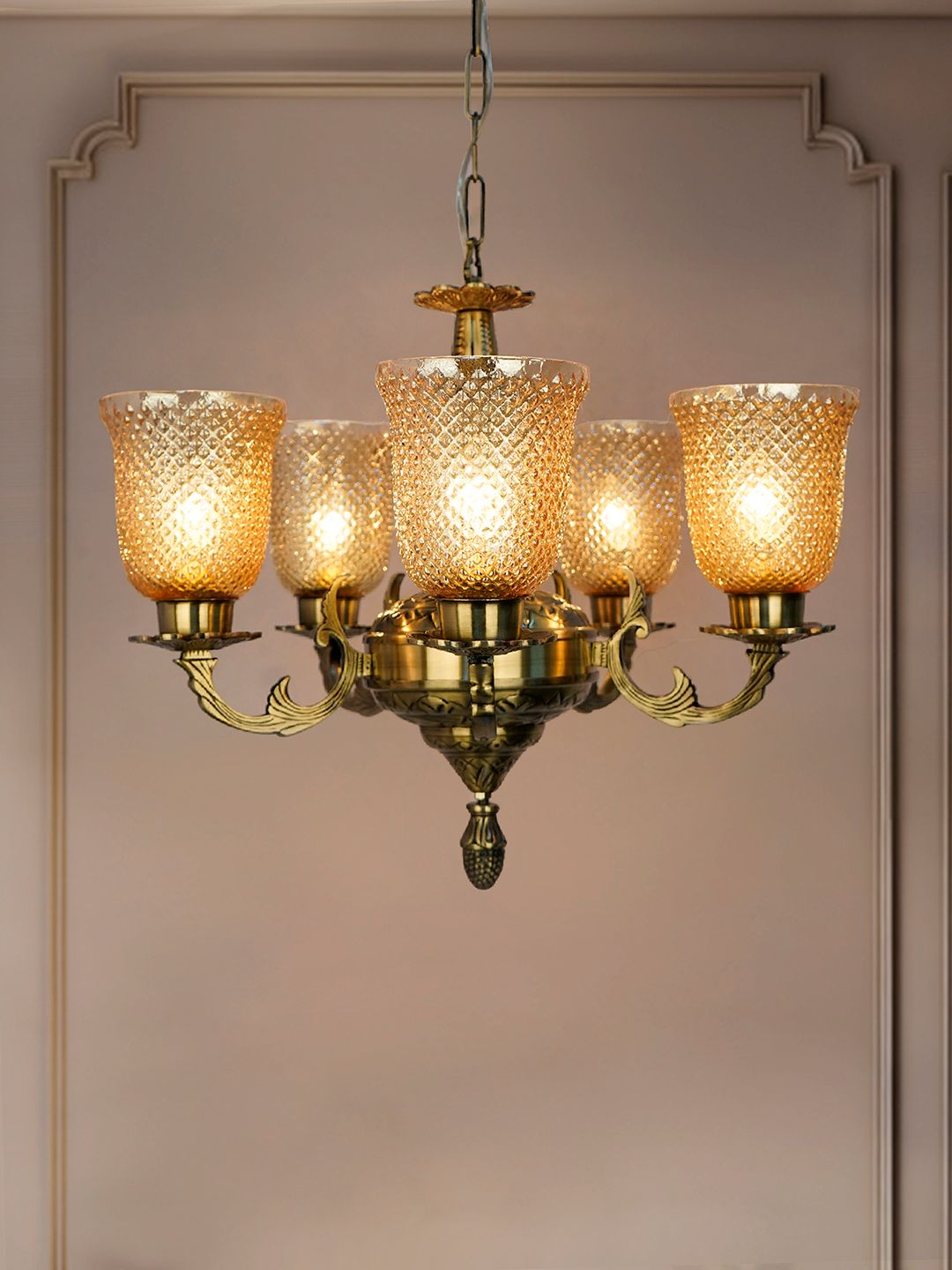 Antique Brass 5-Light Chandelier with Textured Luster Glass Shades