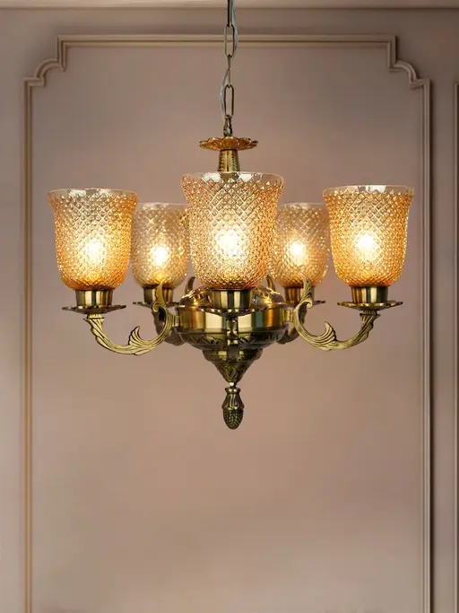 Antique Brass 5-Light Chandelier with Textured Luster Glass Shades