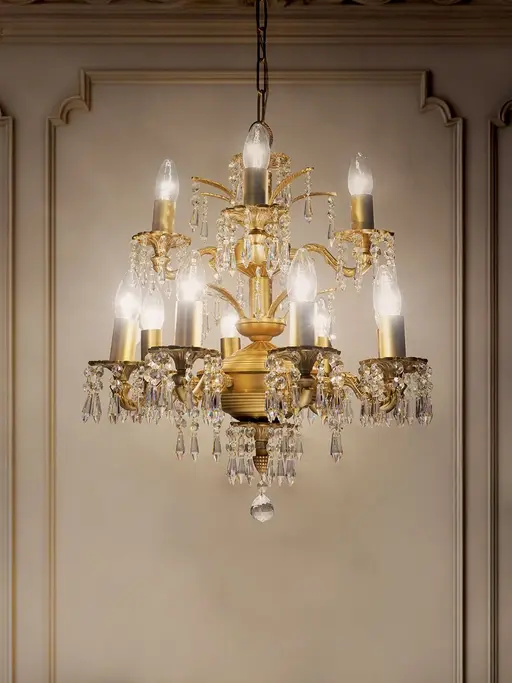 Small 2 Tier 12 Light Brass and Crystal Chandelier in Matt Finish