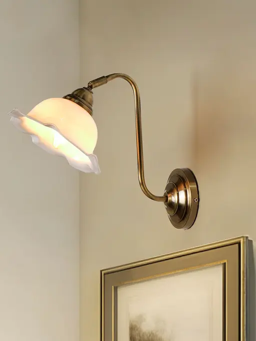 Industrial Brass Adjustable Gooseneck Wall Sconce | White Frilled Edge "Jhalar" Glass Shade
