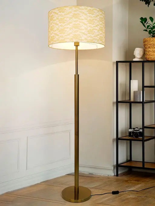 Warm & Inviting: Antique Brass Floor Lamp with Beige Lace Drum Shade