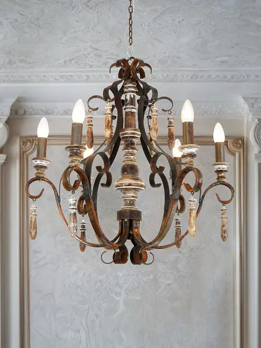 Distressed Rusted Brown 26 Inch Wide 6-Light Wood & Wrought Iron Ceiling Chandelier Candelabra light