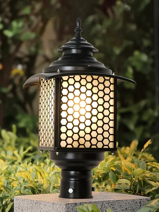 18-Inch Victorian Hexagonal Mesh Gate Light | Black Aluminum & Steel Outdoor Post Light