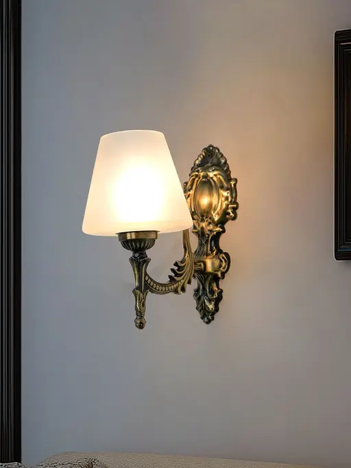 Antique Brass 11 Inch Single Light Steel Wall Lamp With Tapered Frosted Glass Shade