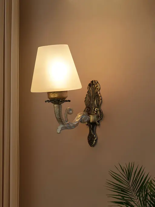 Golden White Single Light Aluminium Wall Sconce with Tapered Frosted Glass Shade
