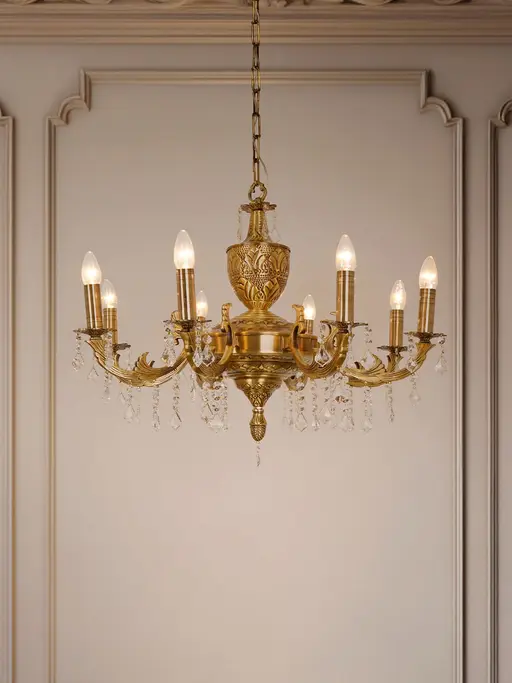 34-Inch Hand-Carved Antique Brass Chandelier | 8-Light Traditional Candelabra with Crystal Accents
