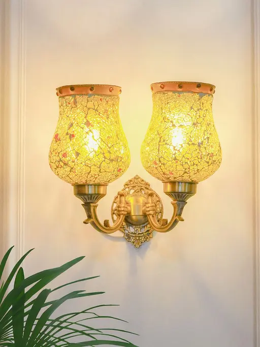 Classic Brass 1 Light Wall Sconce With Amber Yellow Crackle Glass Shade