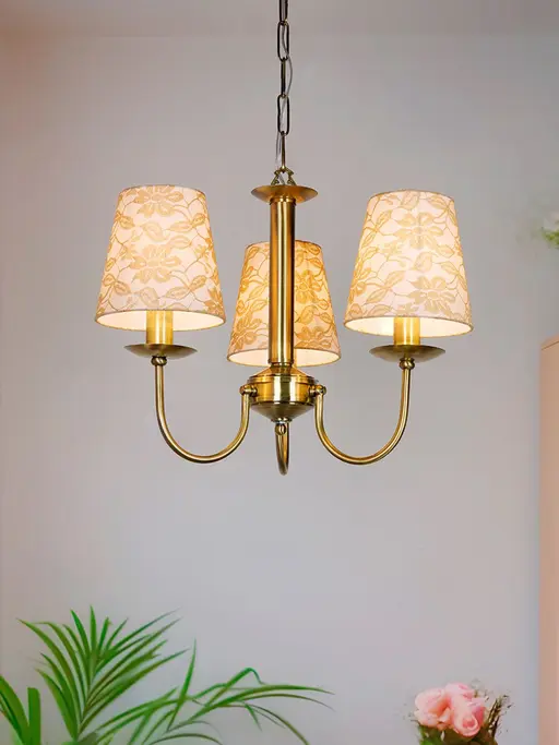 Brass Finished 3 Light Mini Chandelier with Tapered Beige Lace Shades - Timeless Elegance