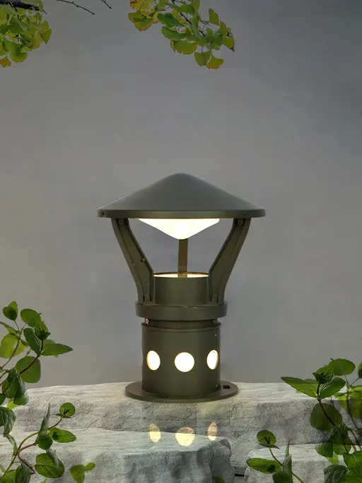 Modern Round-Conical Grey Polka-Dotted Small 15 Inch Cast Aluminum Outdoor Gate Pillar Light Post Lamp
