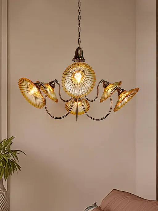 Adjustable Amber Glass Chandelier with U-Shaped Arms | Modern Industrial Style
