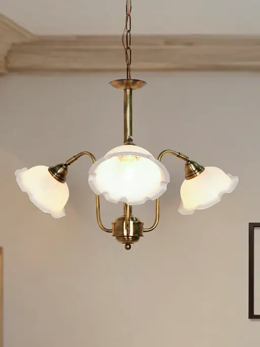 28-Inch Antique Brass 3-Light Adjustable Chandelier | Vintage Gooseneck Design with White Frilled Glass Shades