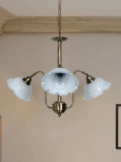 28-Inch Antique Brass 3-Light Adjustable Chandelier | Vintage Gooseneck Design with White Frilled Glass Shades
