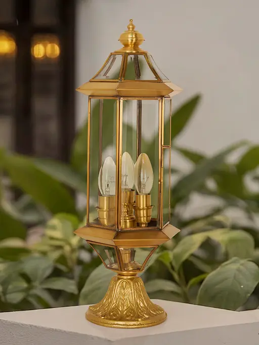 22-Inch Traditional Antique Brass Hexagonal Gate Light | 3-Light Beveled Glass Outdoor Post Lantern