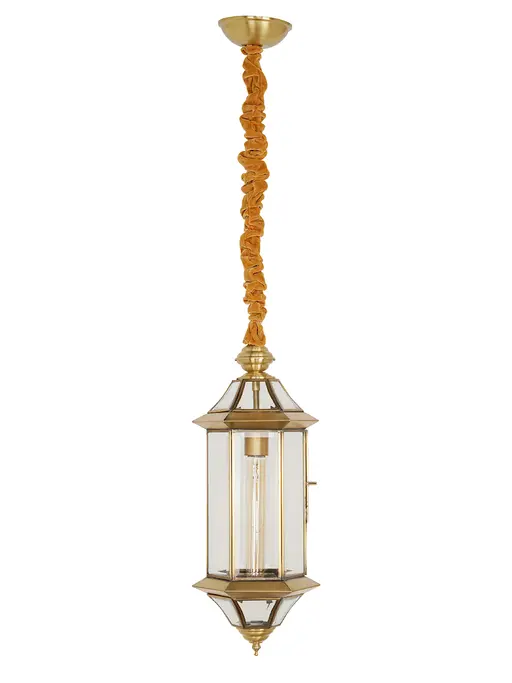 19-Inch Traditional Antique Brass Hanging Lantern Pendant | Hand-Welded Hexagonal Beveled Glass Light with Velvet Chain Sleeve