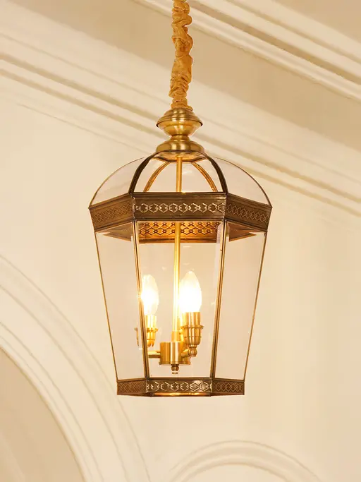 20-Inch Traditional Antique Brass Tapered Hexagon Lantern | 3-Light Beveled Glass Pendant with Curved Dome Top