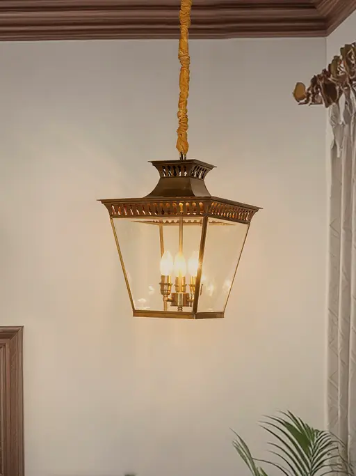 17-Inch Traditional Antique Brass Tapered Cube Lantern | 3-Light Beveled Glass Pendant with Velvet Chain Sleeve