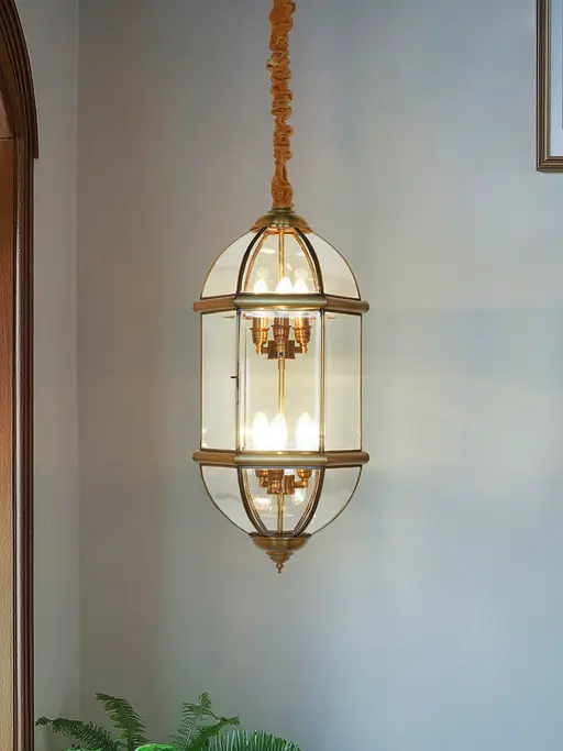 28-Inch Hexagon Capsule Brass Pendant | Double-Tiered 6-Light Chandelier with Beveled Glass & Antique Finish
