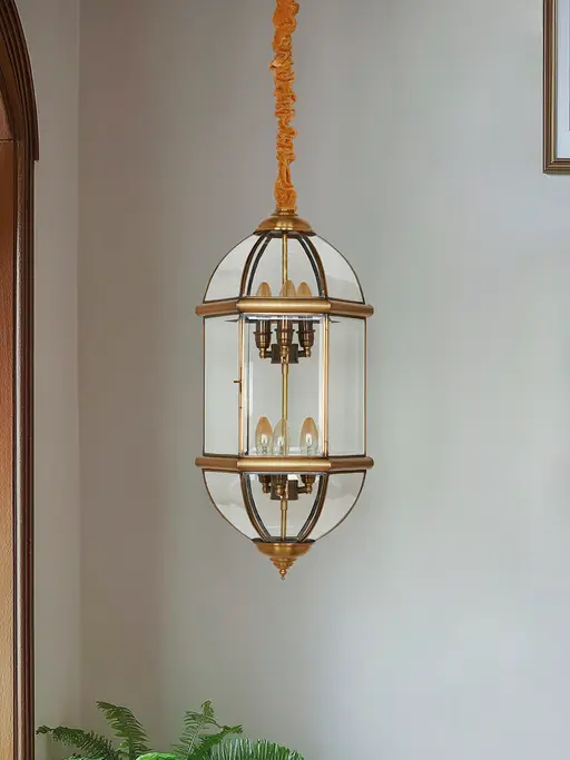 28-Inch Hexagon Capsule Brass Pendant | Double-Tiered 6-Light Chandelier with Beveled Glass & Antique Finish