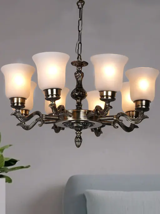 Traditional 26 Inch Wide Ornate 8-Light Aluminium Chandelier With Frosted Bell Glass Shades