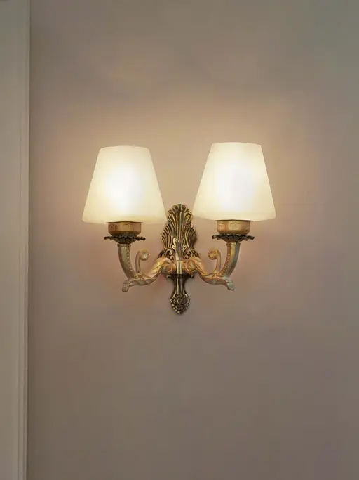 Golden White 2-Light Aluminium Wall Sconce with Tapered Frosted Glass Shade