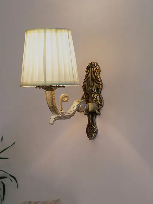 Golden White Single Light Aluminium Wall Sconce with Pleated Ivory Fabric Shade