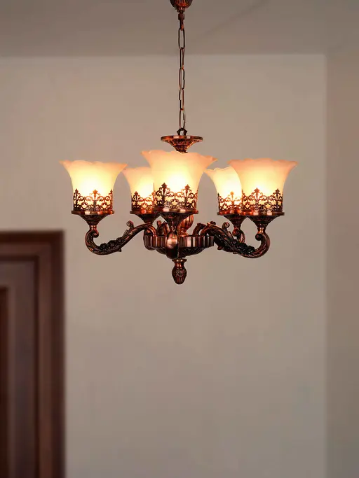 Antique Copper Finish Classic 5-Lights Aluminium Chandelier Ceiling Hanging With Adorned Translucent Glass Shades