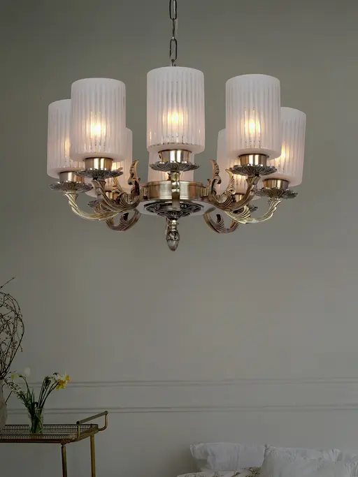 Classic 22 Inch Wide 8-Light Aluminium Ceiling Chandelier Hanging With Vertical Striped Cylindrical Glass Shades