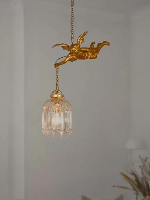 Cast Aluminium Gilded Cherub Crystal Antique Pendant Light