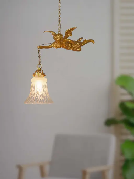 Cast Aluminium Gilded Cherub Classic Hanging Light with Embossed Bell Glass Shade