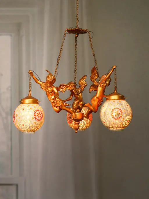 Cast Aluminium Gilded Cherubs Antique 3-Lights chandelier With Tilak Mosaic Glass Shades
