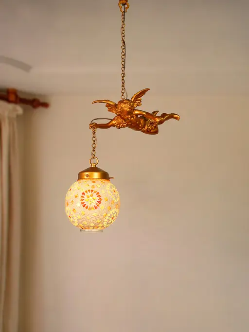Cast Aluminium Gilded Cherub Antique Single Light Ceiling Hanging With Tilak Mosaic Glass Shades